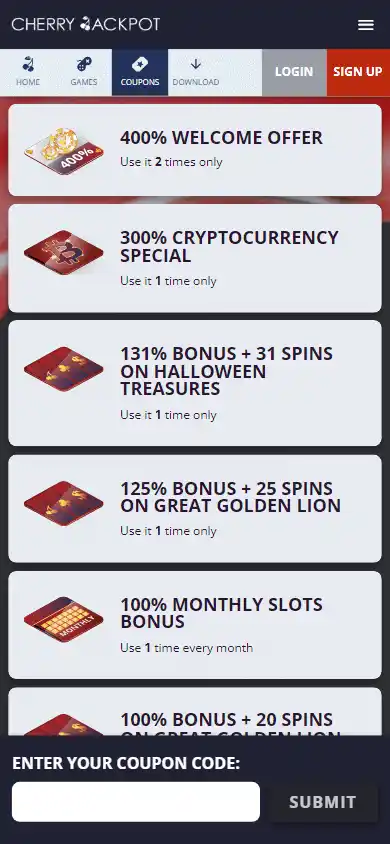 Cherry Jackpot Casino coupons on mobile