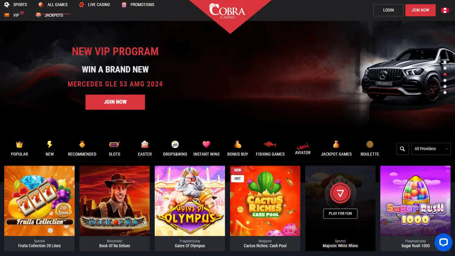 Cobra Casino game lobby on desktop