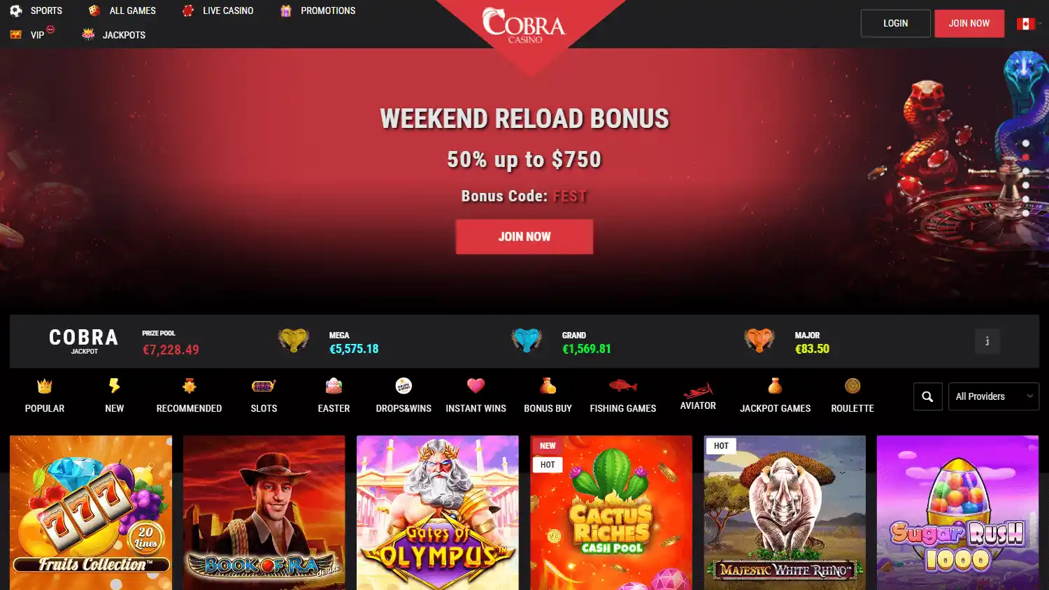 Cobra Casino homepage on desktop