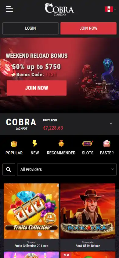 Cobra Casino homepage on mobile