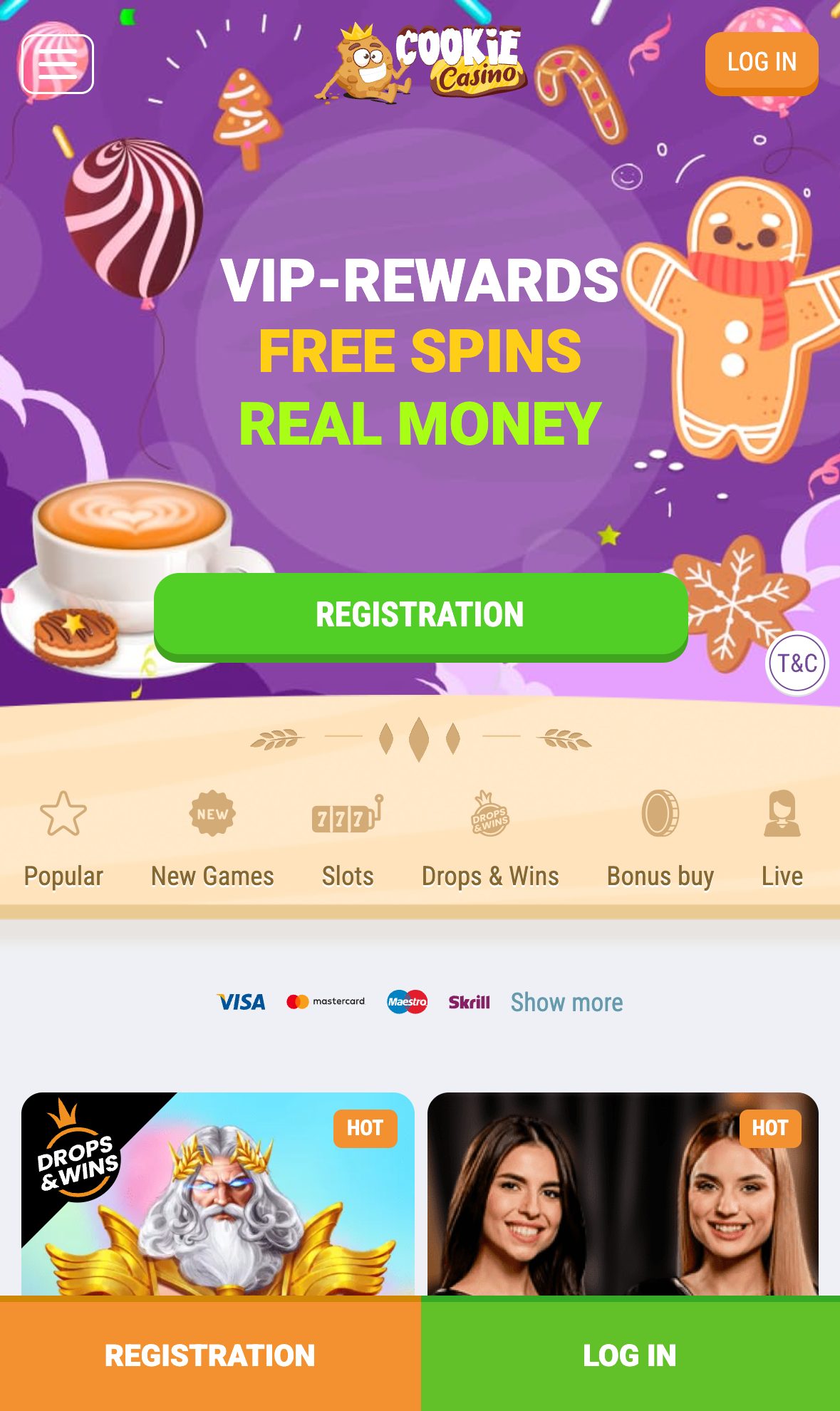 Cookie Casino homepage on mobile