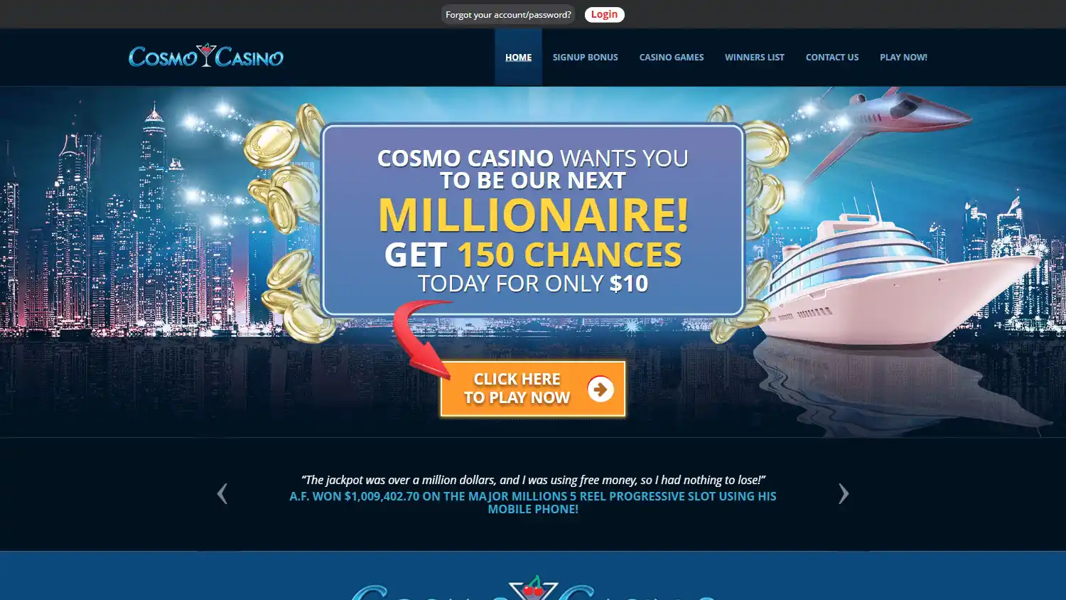 Cosmo Casino homepage on desktop