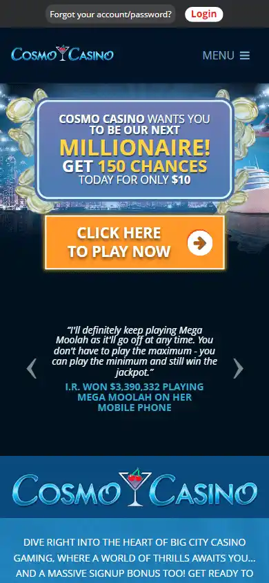 Cosmo Casino homepage on mobile