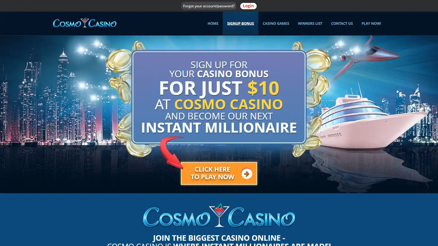 Cosmo Casino welcome bonus page on desktop