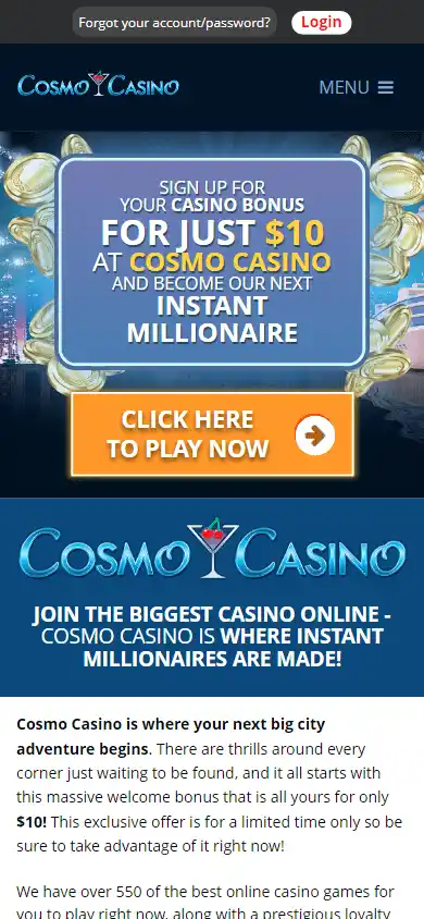 Cosmo Casino bonus page on mobile