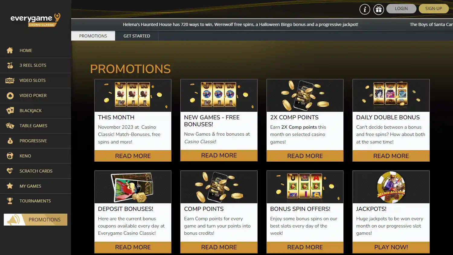 Everygame Casino Classic promotions page on desktop