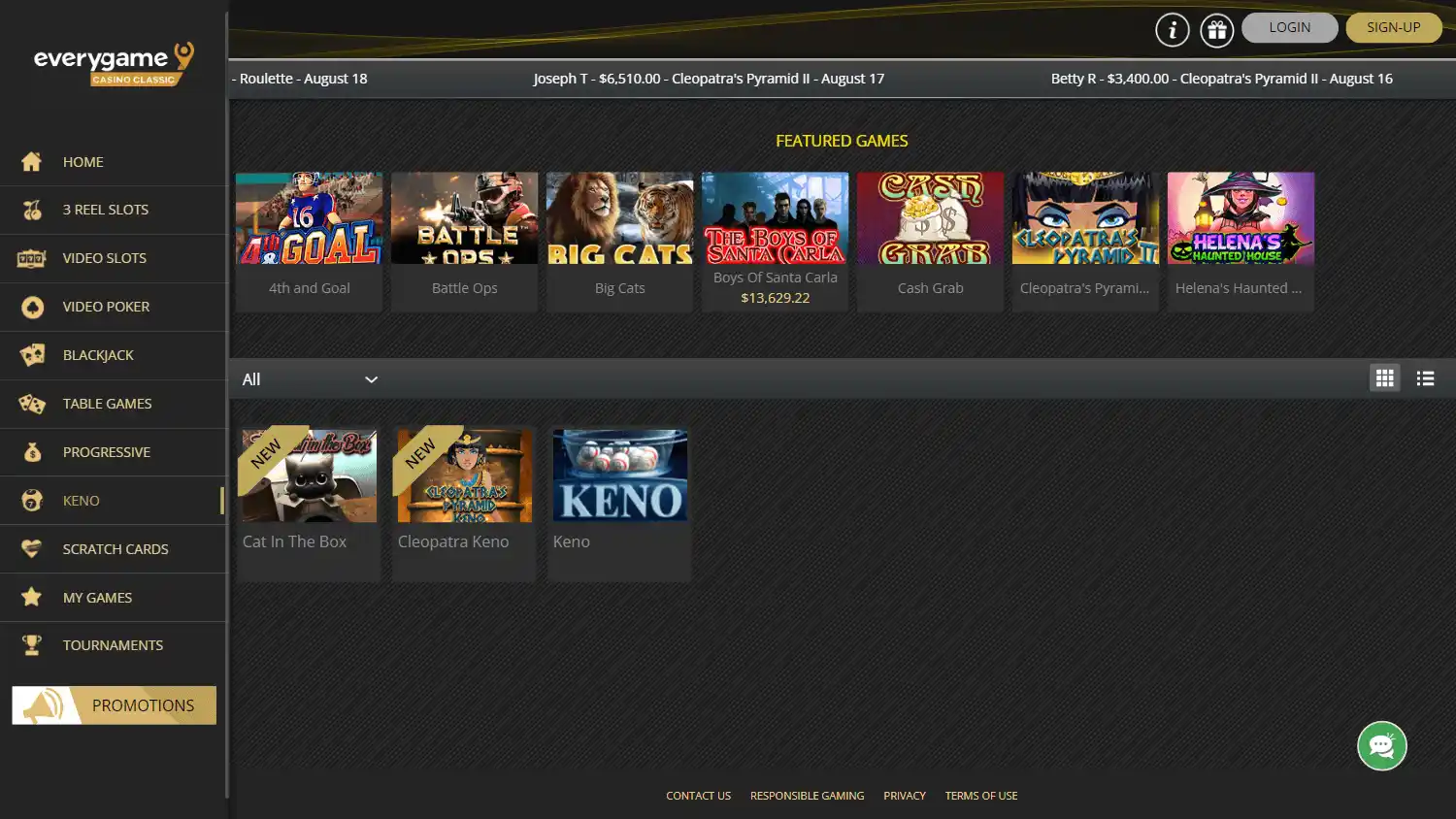 Everygame Casino Classic game lobby on desktop