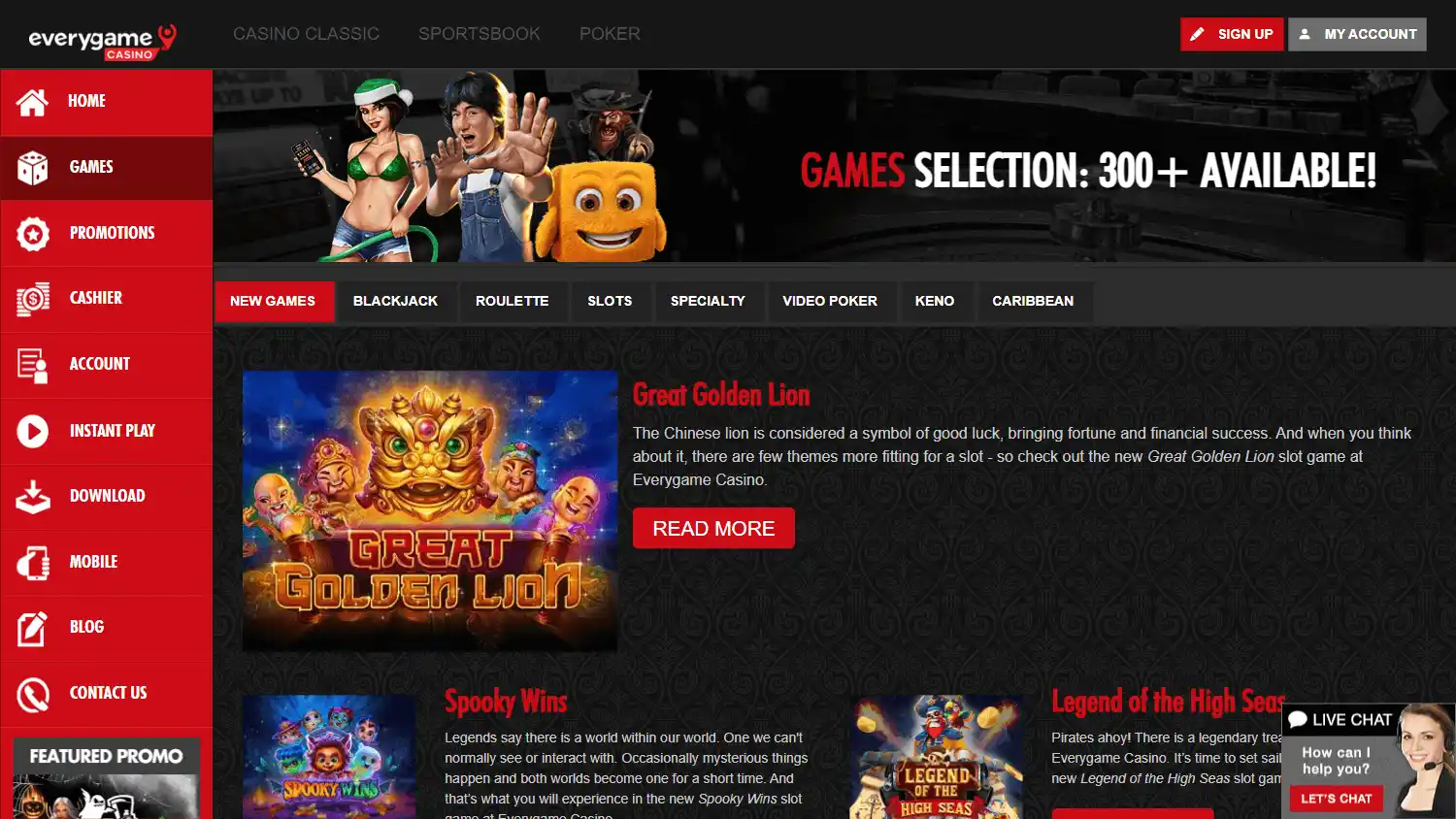 Everygame Casino games page on desktop