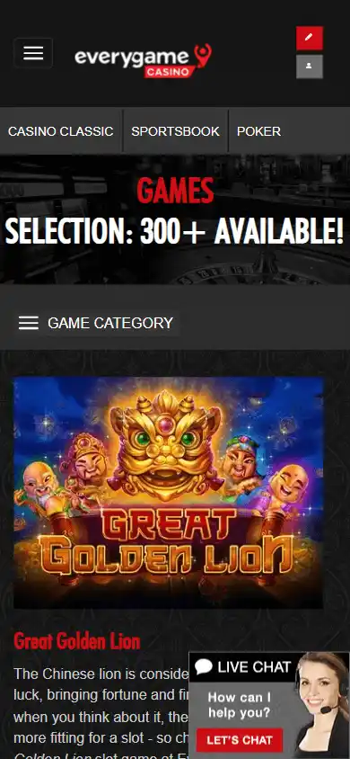 Everygame Casino games page on mobile