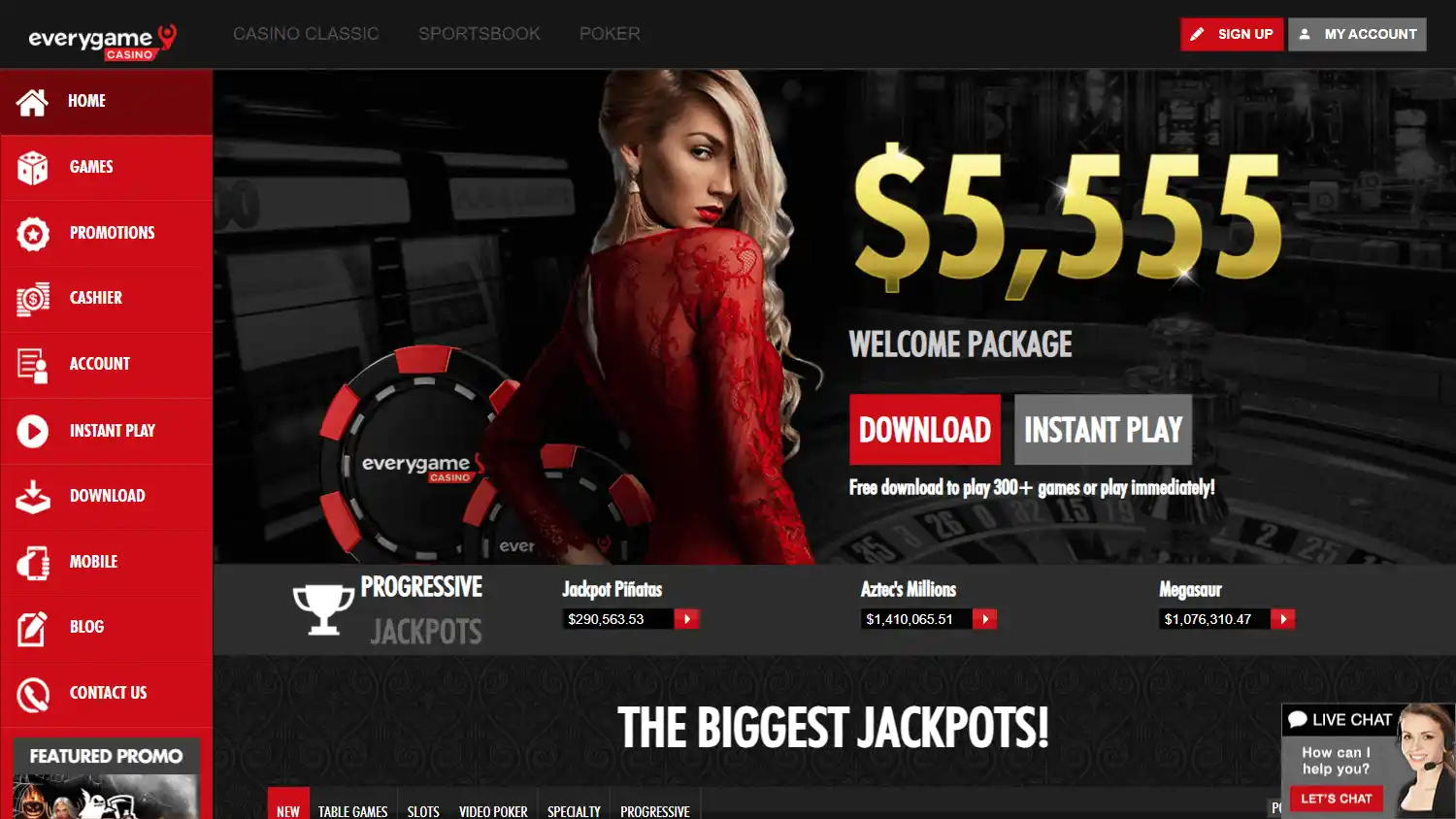Everygame Casino homepage on desktop