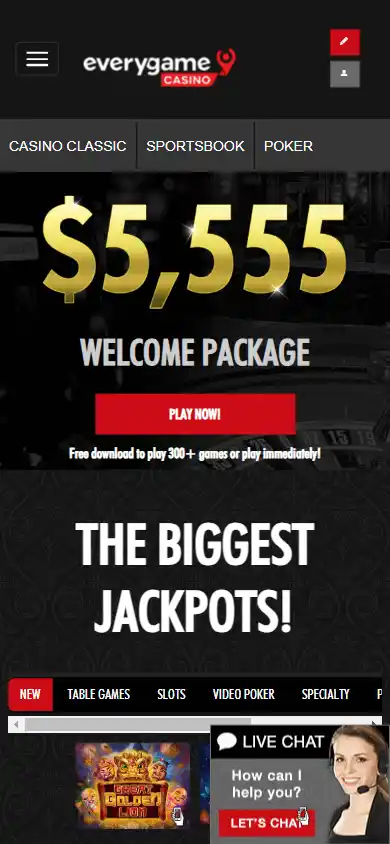 Everygame Casino homepage on mobile