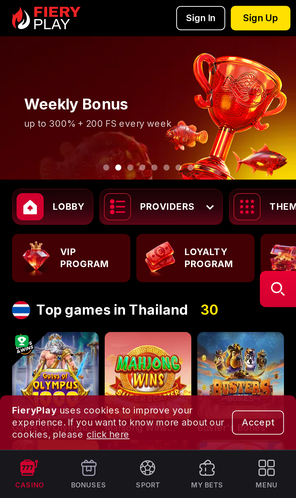 Fiery Play Casino homepage on mobile