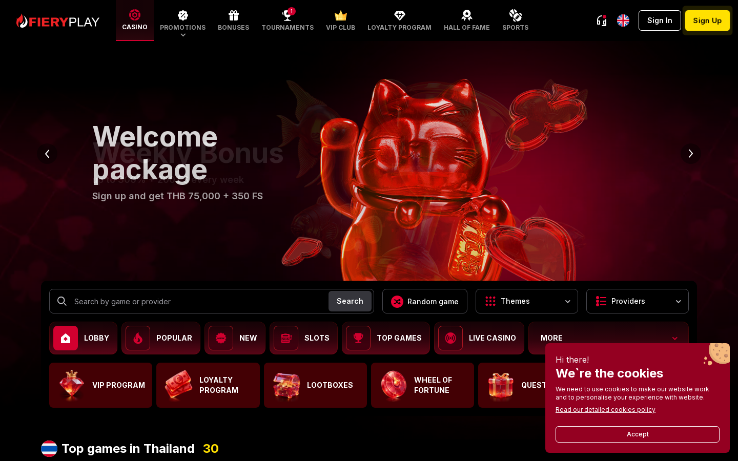 Fiery Play Casino homepage on desktop