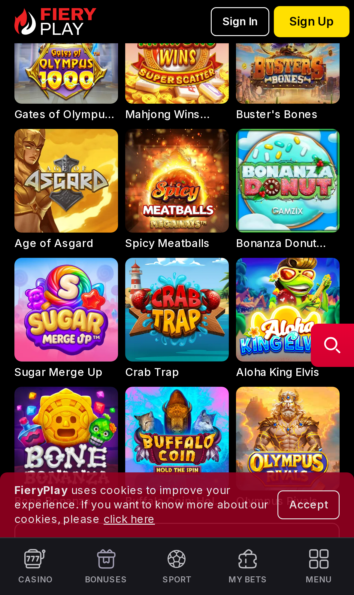 Fiery Play Casino game lobby on mobile