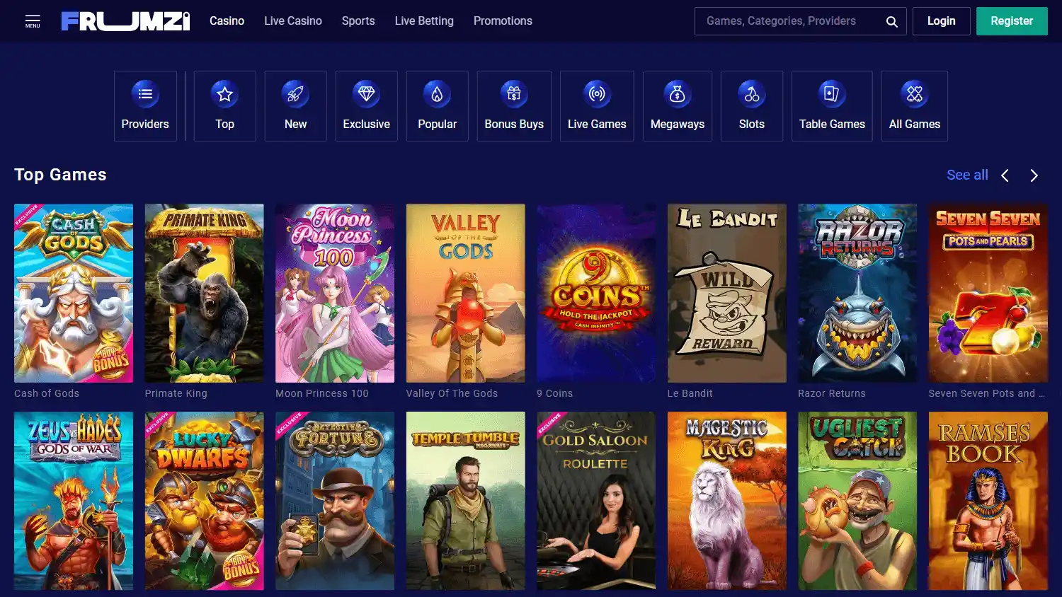Frumzi game lobby: category chips for Providers, Live Games, Megaways, Slots and Table Games above a Top Games grid that includes a Gold Saloon Roulette live-dealer tile