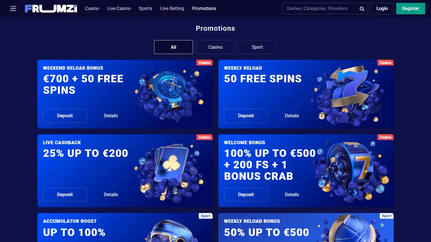 Frumzi promotions page listing casino and sport offers including a weekend reload, live cashback and the welcome bonus