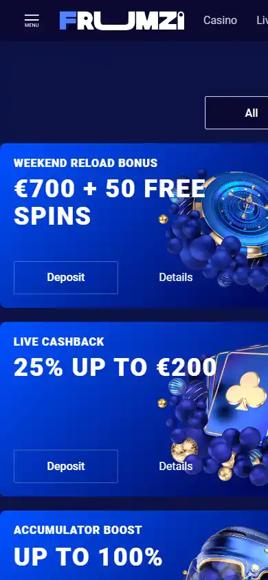Frumzi promotions page on mobile, with offer cards stacked in a single column
