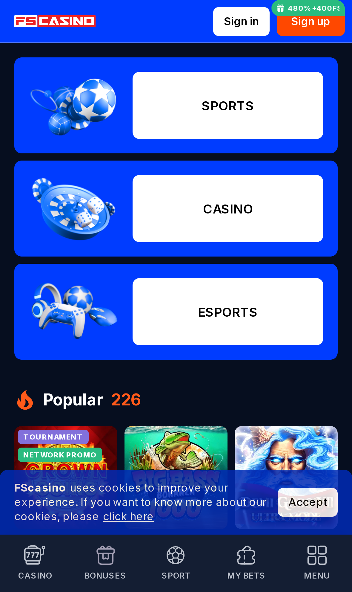 FS Casino homepage on mobile