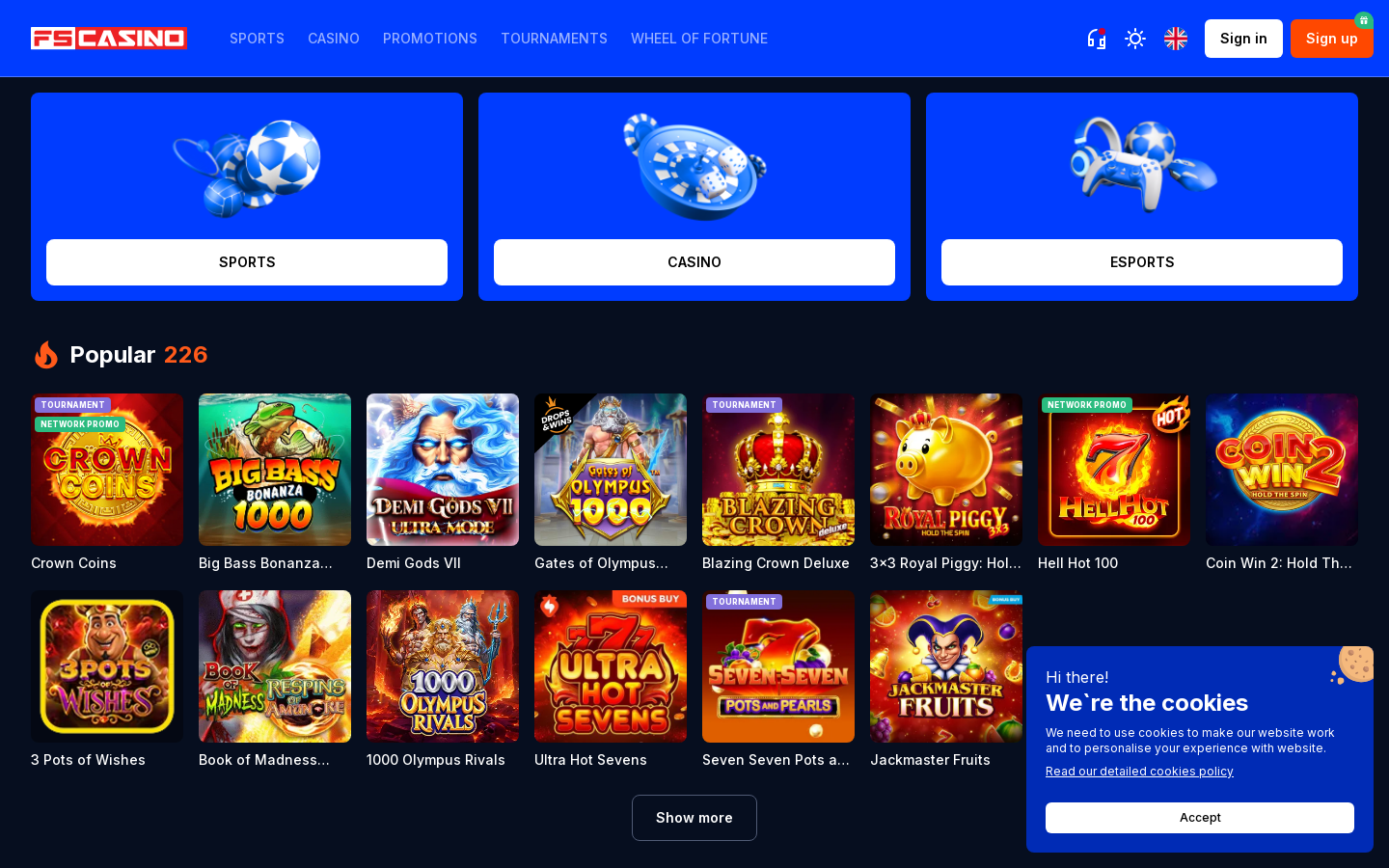 FS Casino homepage on desktop