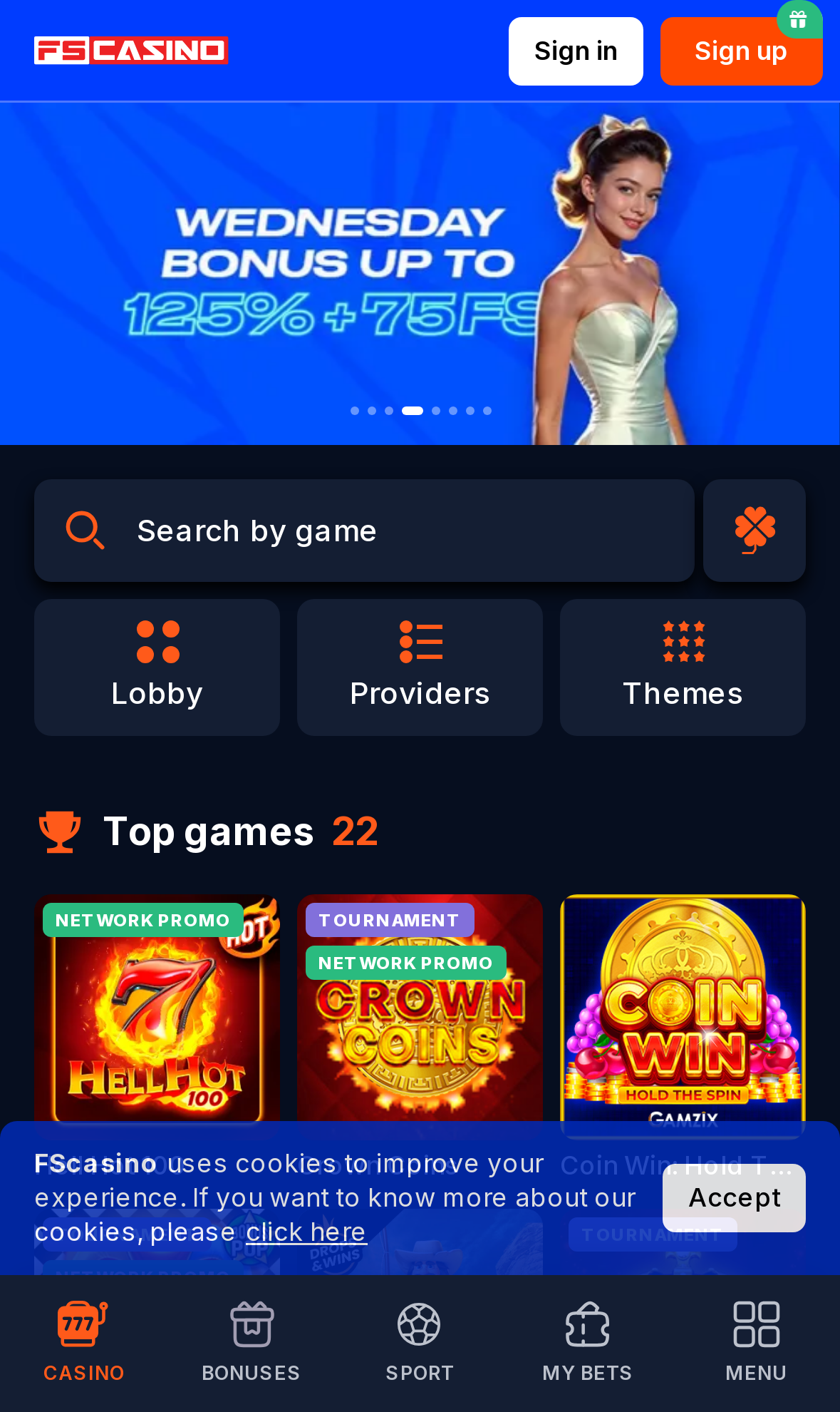 FS Casino game lobby on mobile