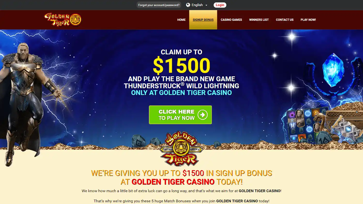 Golden Tiger Casino welcome bonus page on desktop