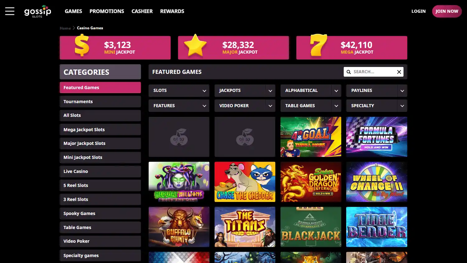 Gossip Slots Casino game lobby on desktop