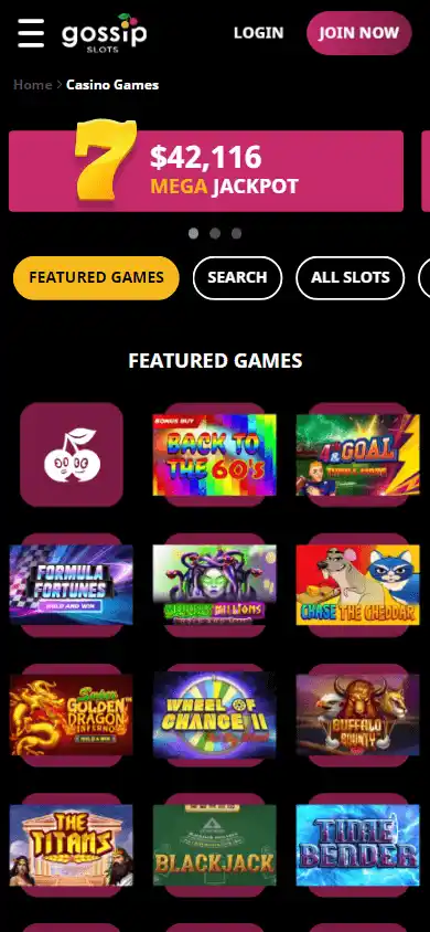 Gossip Slots Casino game lobby on mobile