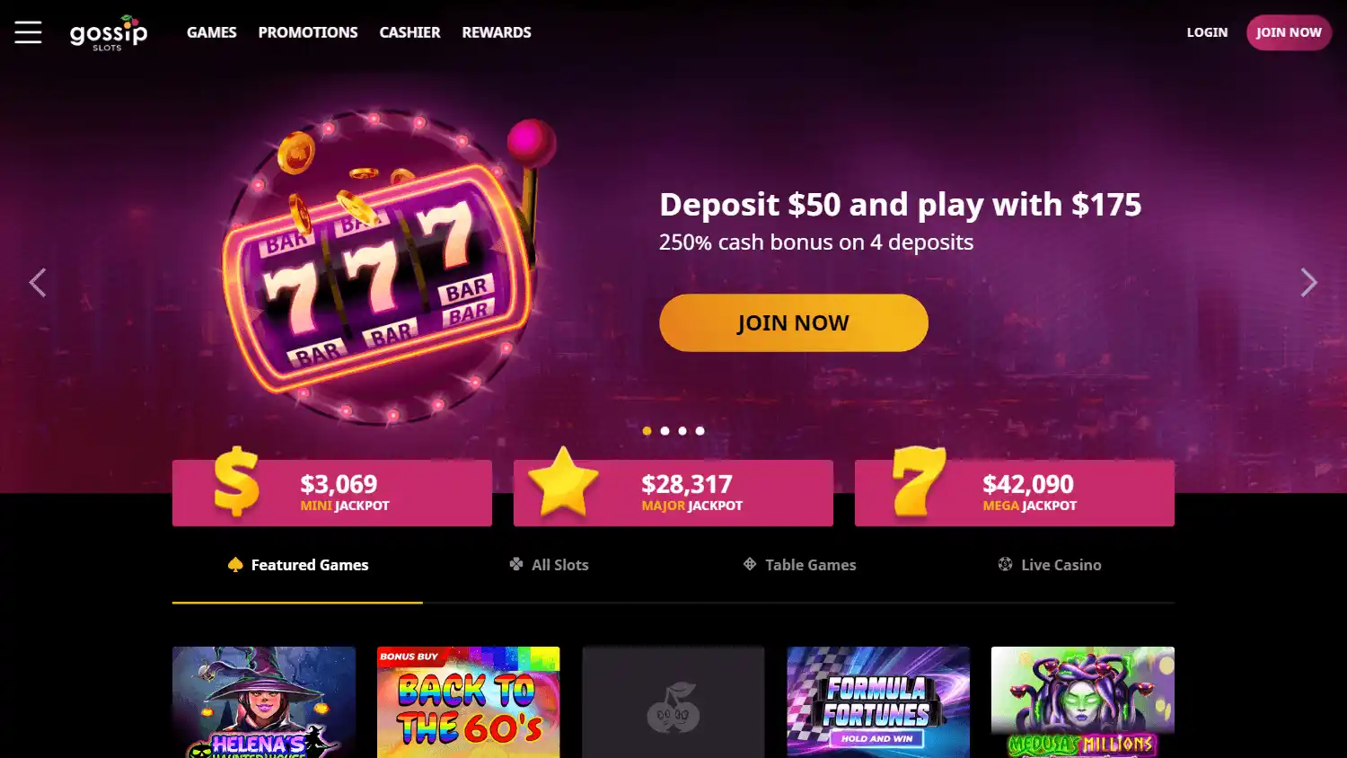 Gossip Slots Casino homepage on desktop