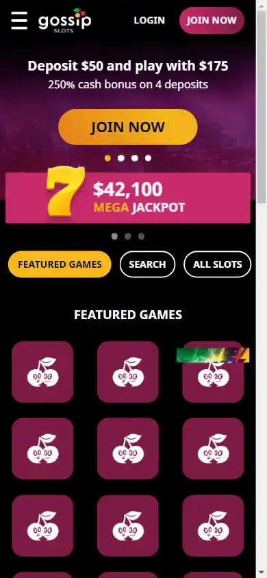 Gossip Slots Casino homepage on mobile