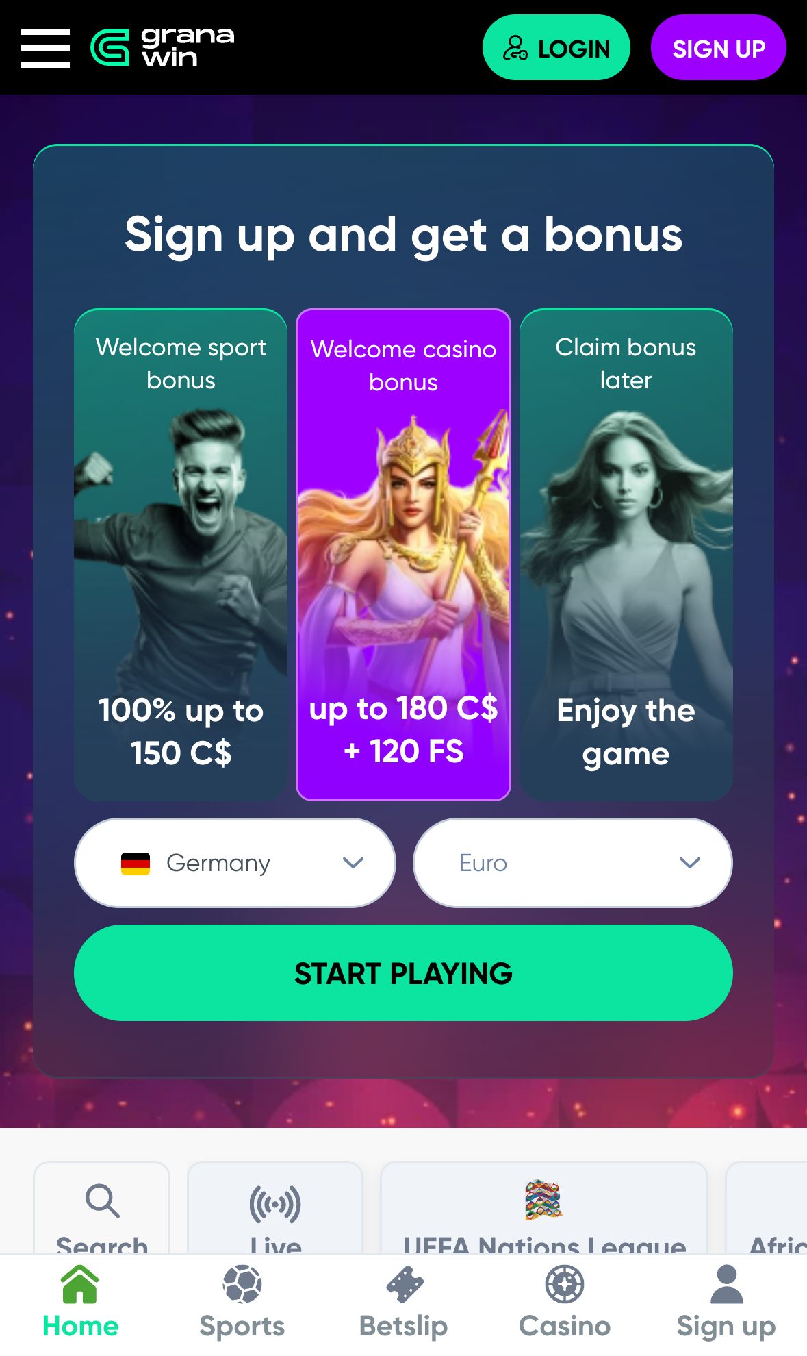 Granawin Casino homepage on mobile