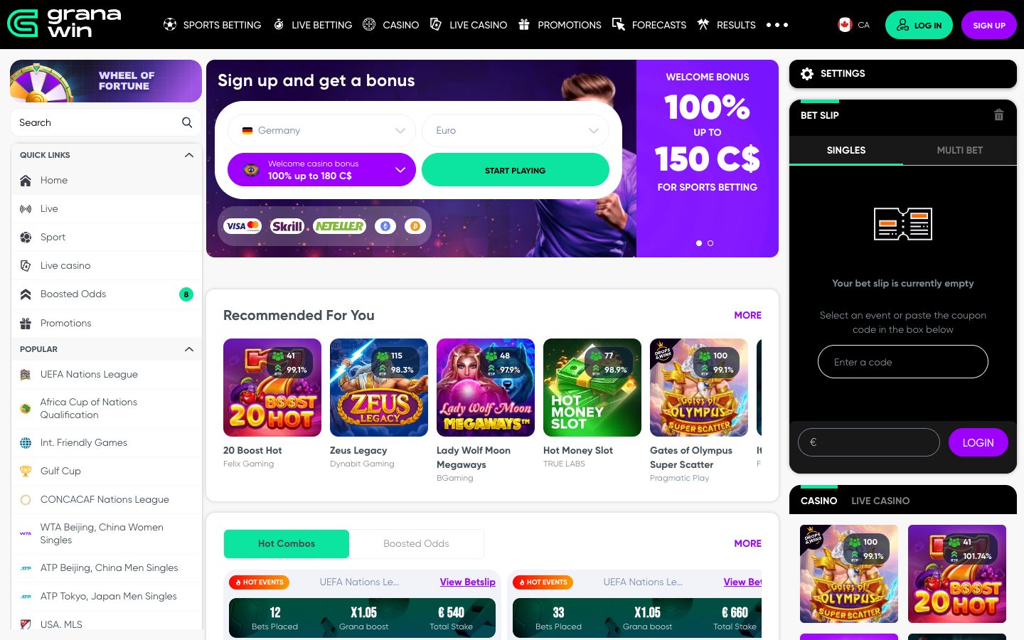 Granawin Casino homepage on desktop
