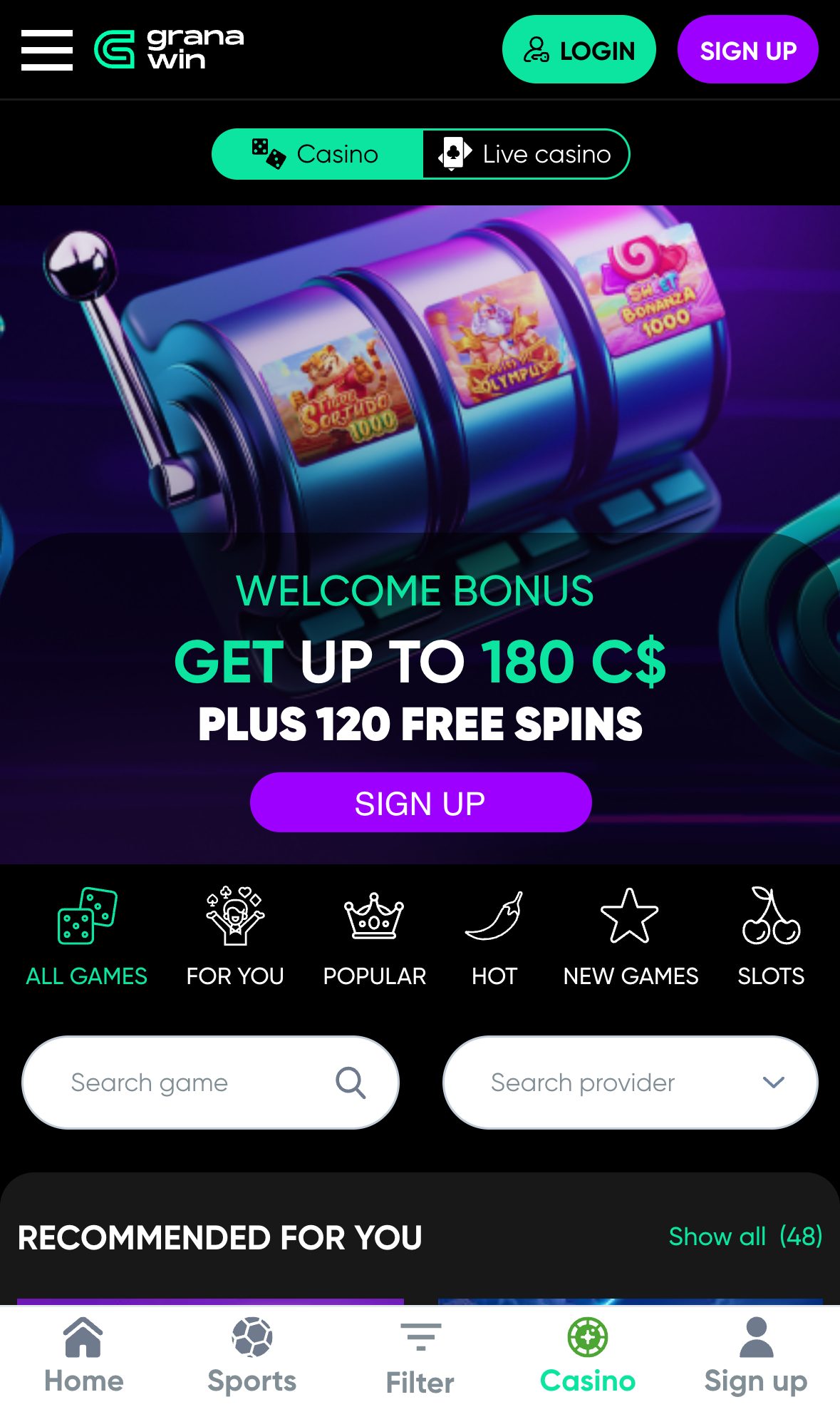 Granawin Casino game lobby on mobile