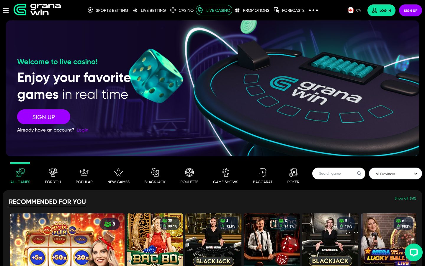 Granawin Casino game lobby