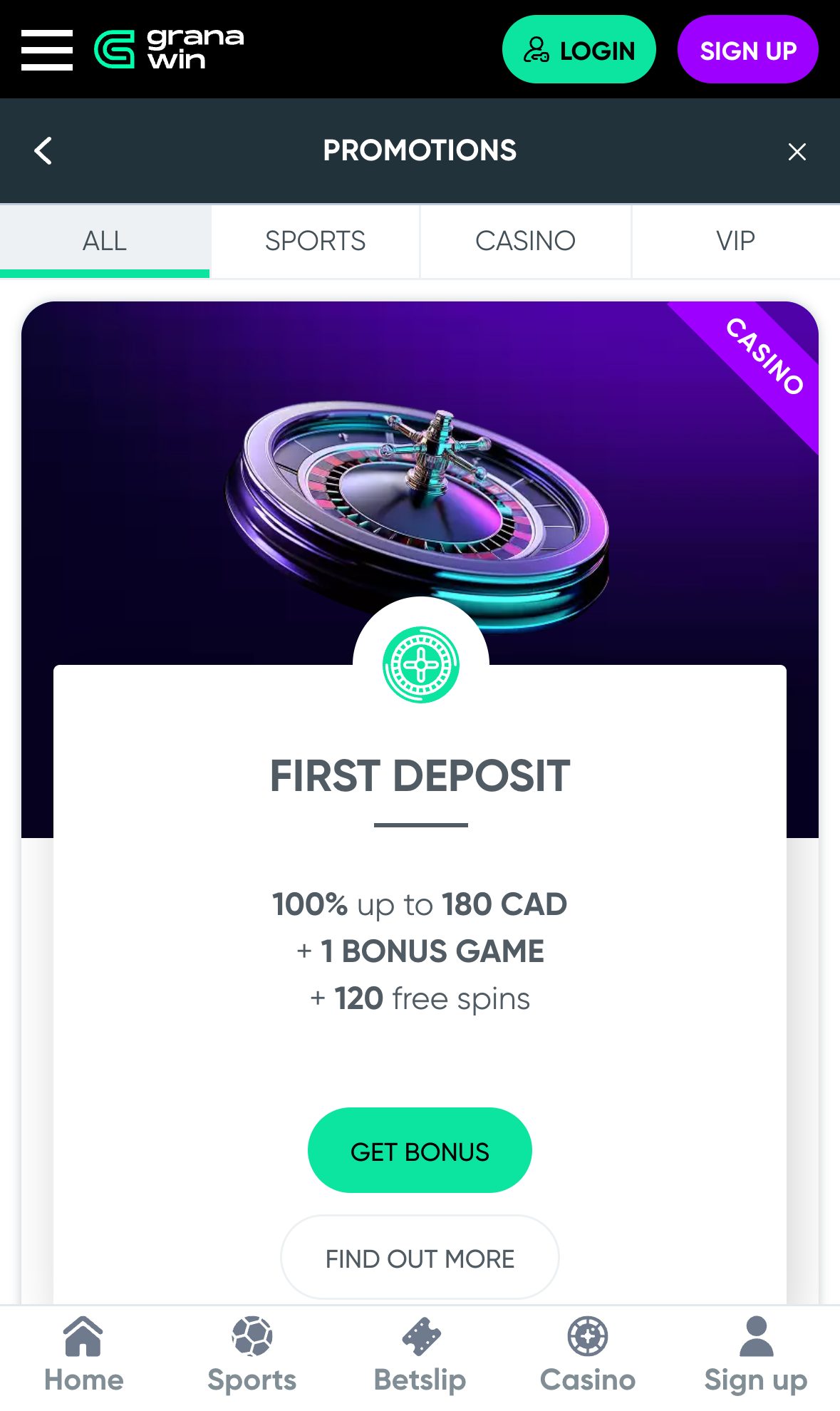 Granawin Casino promotions page on mobile