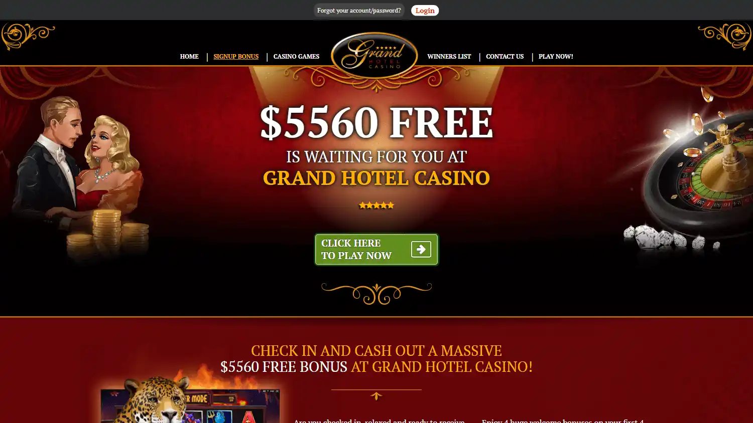 Grand Hotel Casino welcome bonus page on desktop