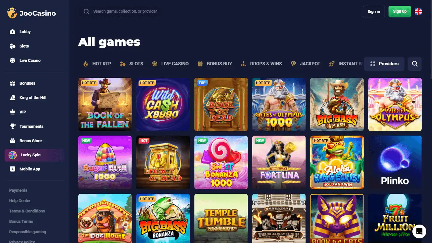 Joo Casino game lobby on desktop