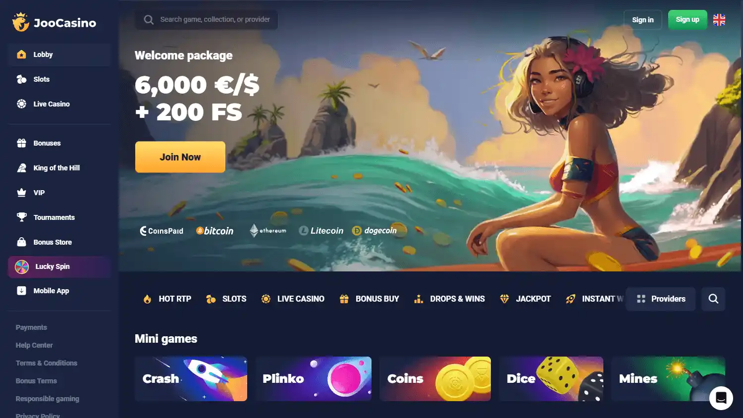 Joo Casino homepage on desktop