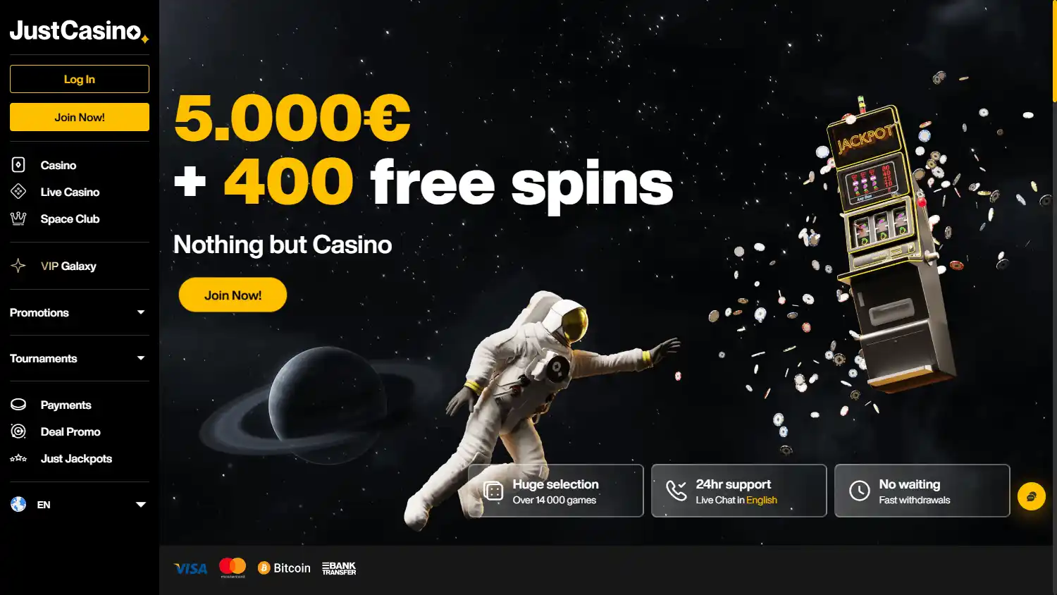 JustCasino homepage on desktop
