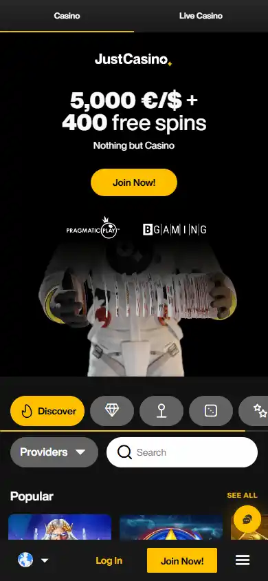 JustCasino homepage on mobile