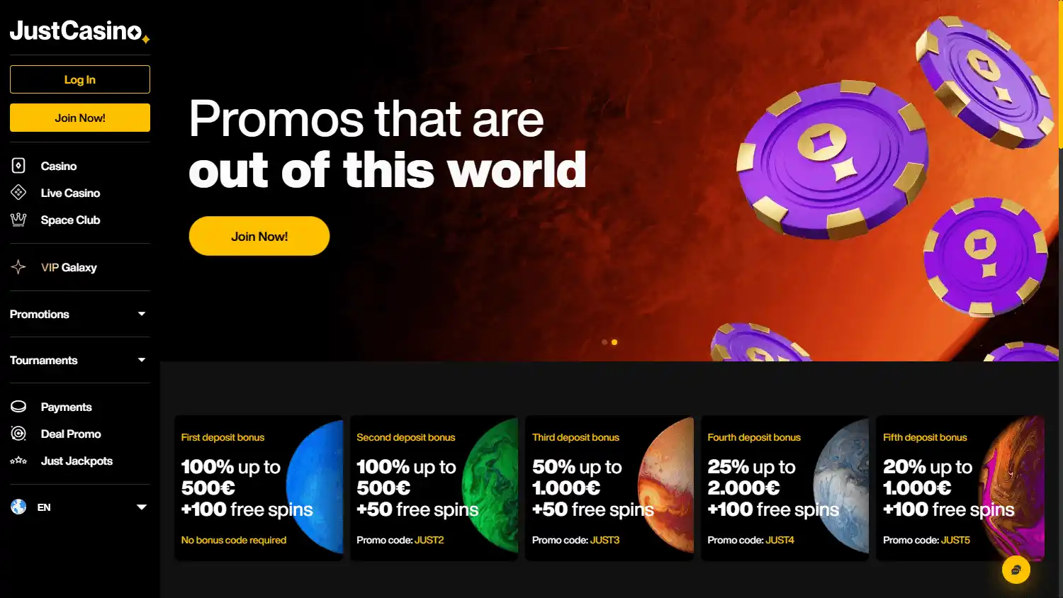 JustCasino welcome bonuses on desktop