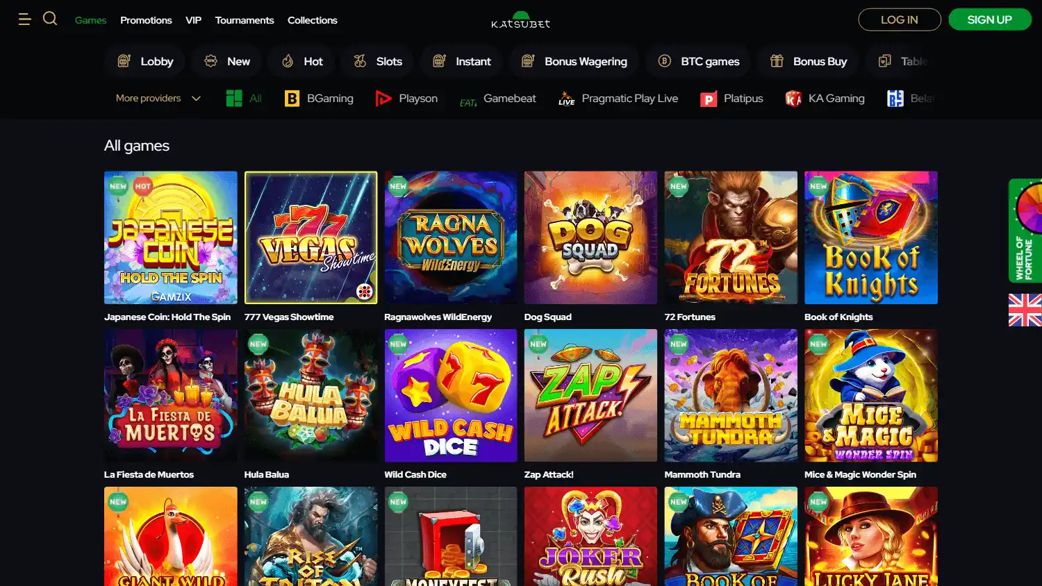 KatsuBet Casino game lobby on desktop