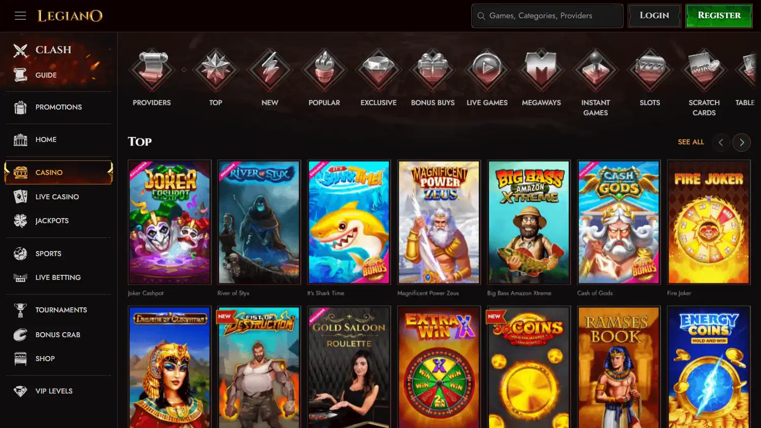 Legiano Casino game lobby on desktop