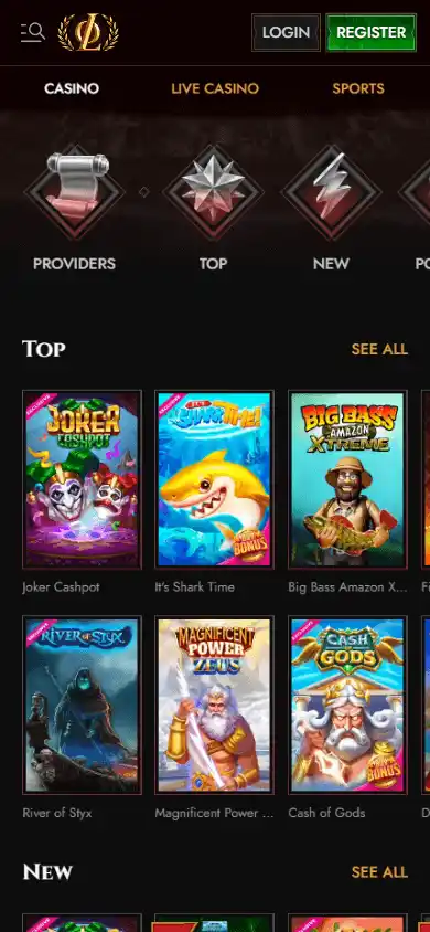 Legiano Casino game lobby on mobile