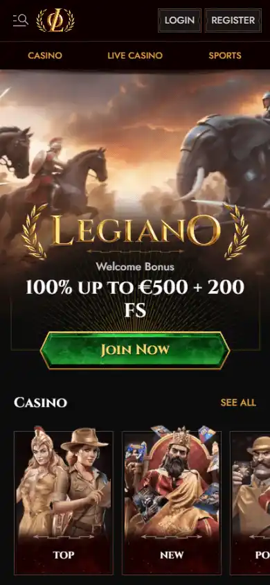 Legiano Casino homepage on mobile
