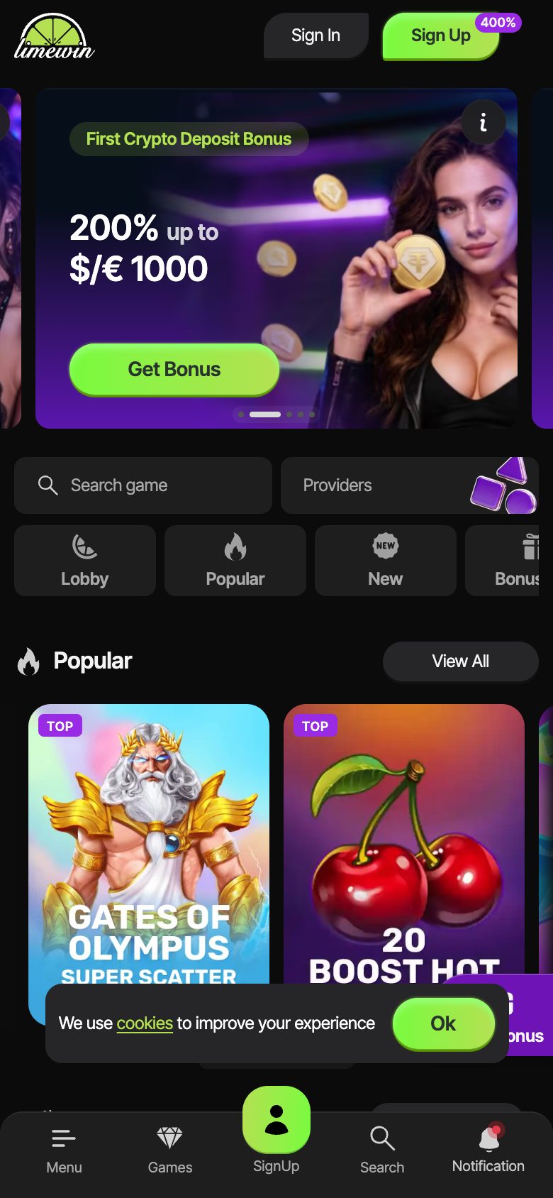 Limewin Casino homepage on mobile