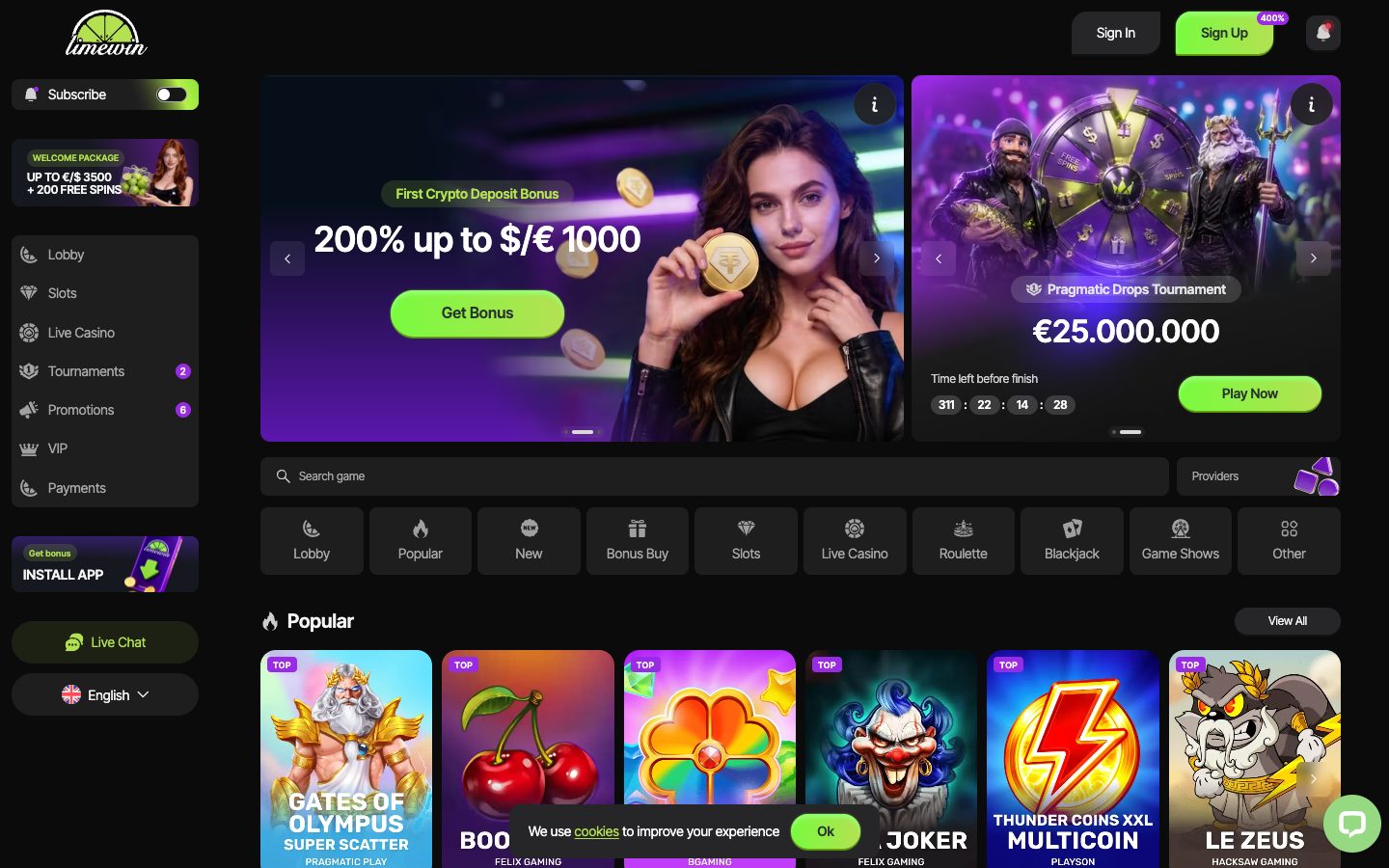 Limewin Casino homepage on desktop