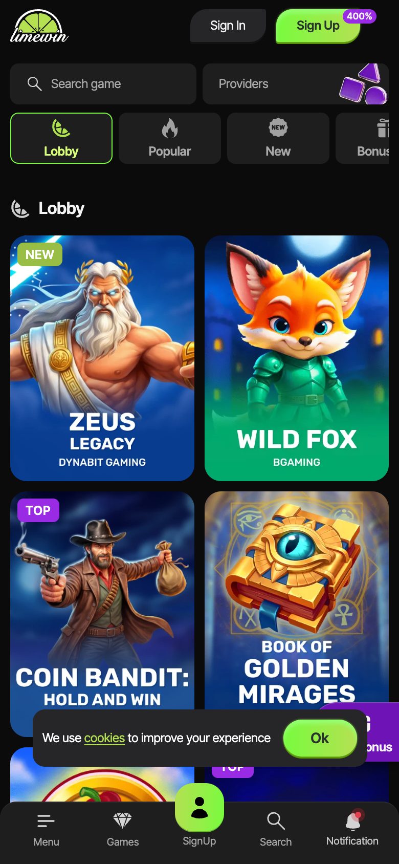 Limewin Casino game lobby on mobile