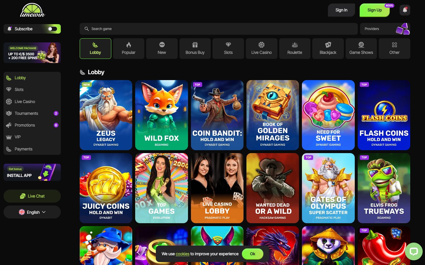Limewin Casino game lobby