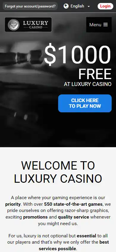 Luxury Casino homepage on mobile
