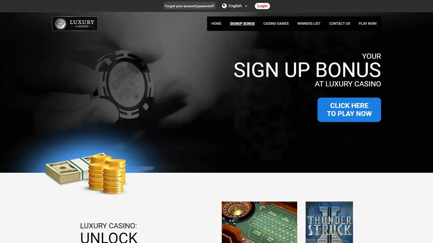 Luxury Casino sign up bonus page on desktop